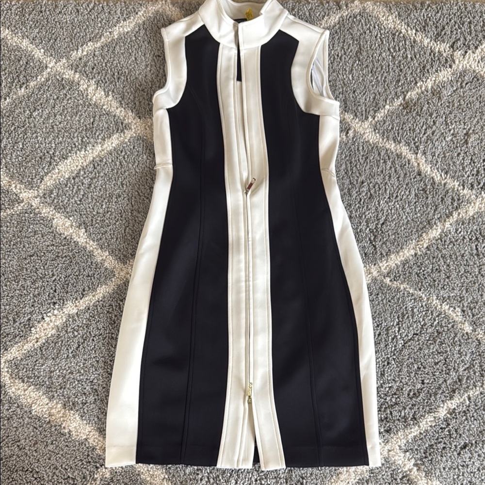 Tommy Hilfiger Black & White Zip Front Sleeveless Scuba Midi Dress - Size 4